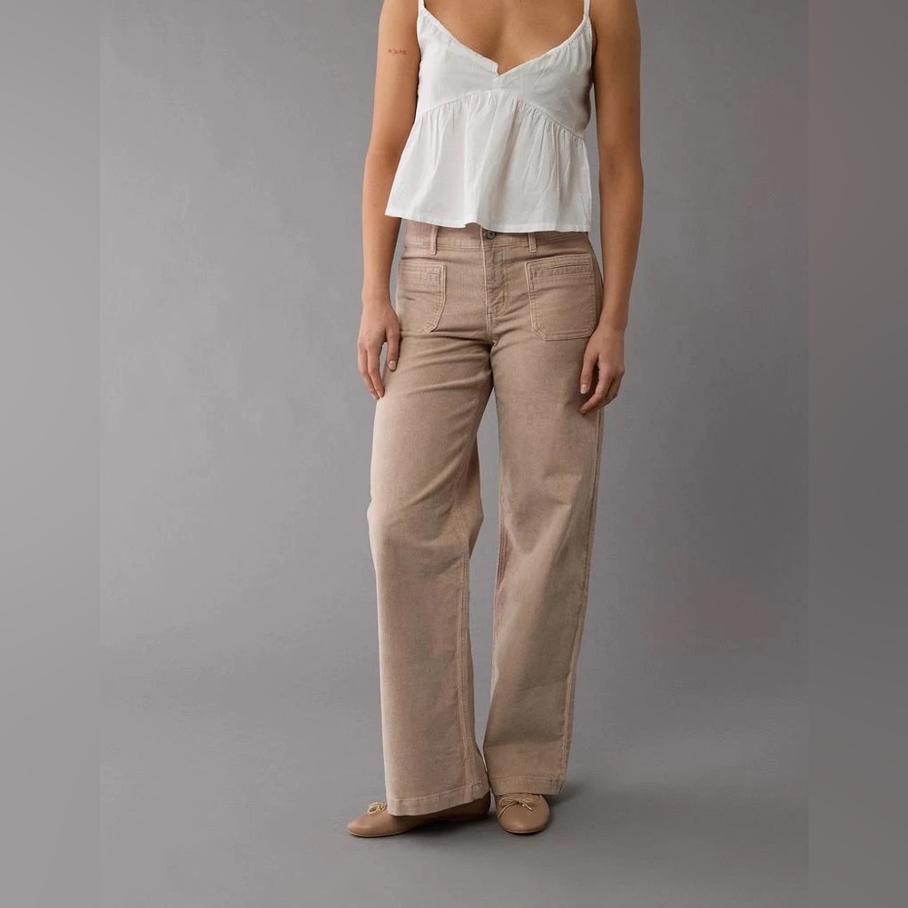 American Eagle Stretch Corduroy Low Rise Baggy Wide Leg Pants women’s sz 16 tan